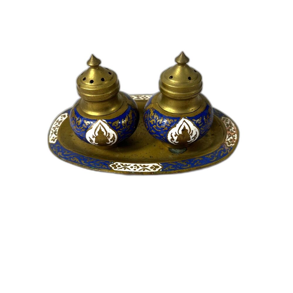 Vintage Solid Brass and Enamel Salt And Pepper Shakers On Oval Tray Aged Patina